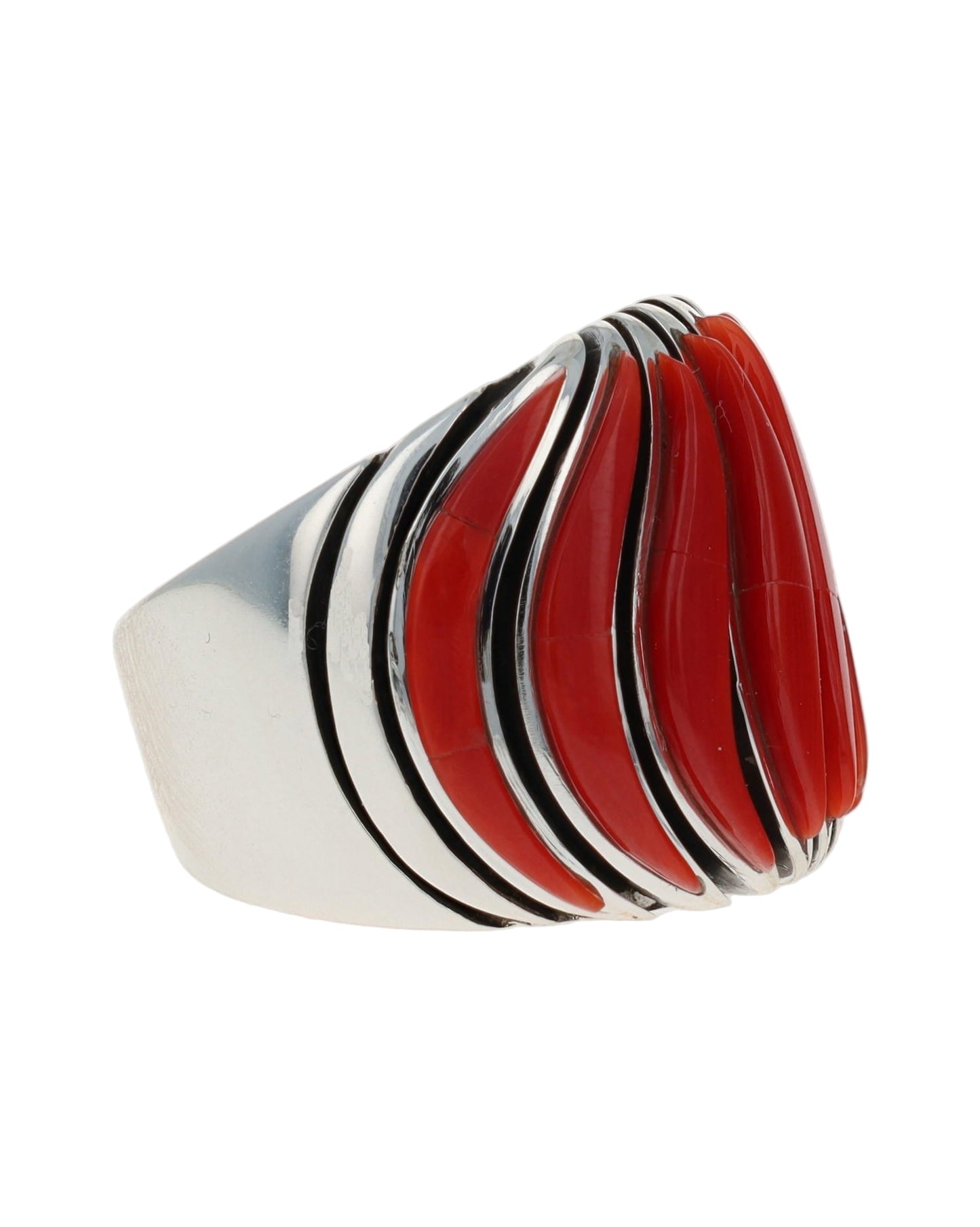 High Grade Natural Mediterranean Coral Raised Wave Inlay Ring