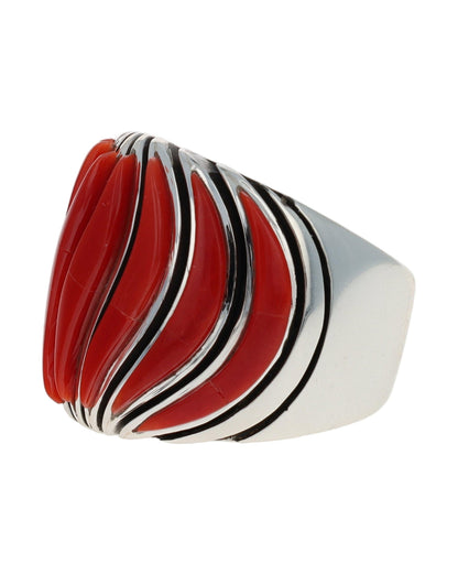 High Grade Natural Mediterranean Coral Raised Wave Inlay Ring