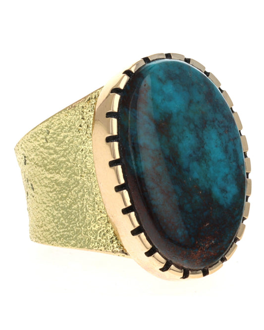 18K Gold Ring With High Grade Natural Smokey Bisbee Turquoise