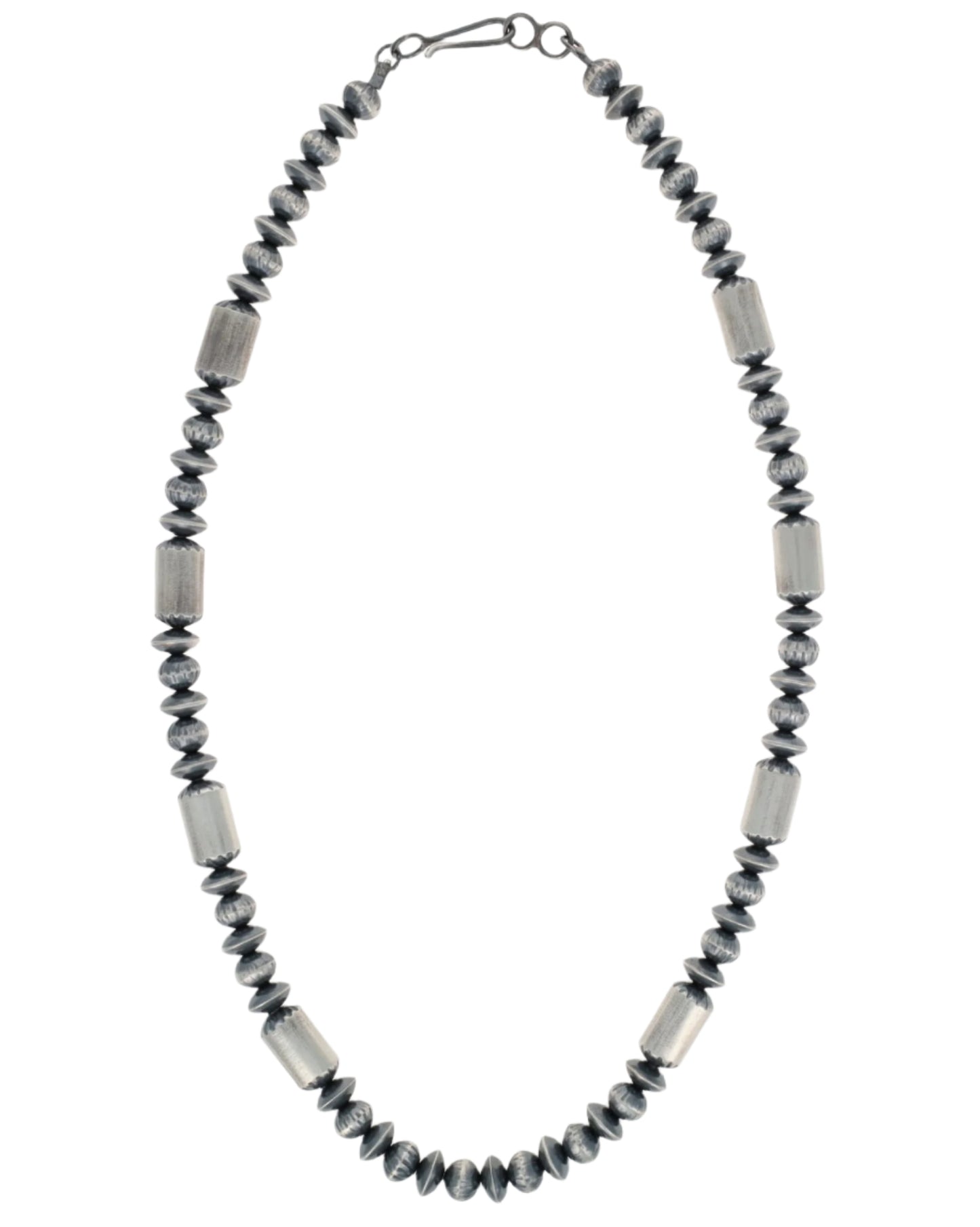 手作りスターリングシルバー フルーテッドラウンドビーズ、ソーサービーズ＆バレルビーズネックレス