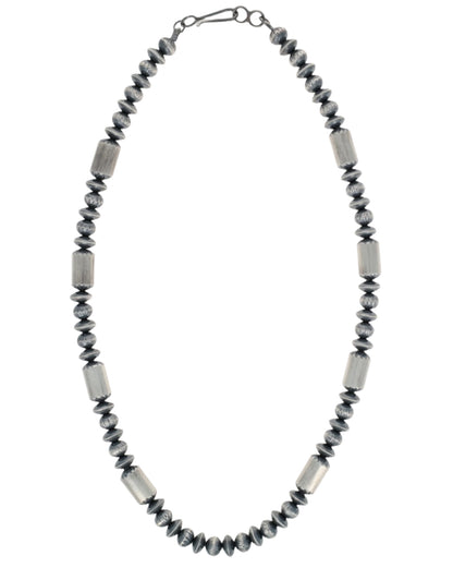 手作りスターリングシルバー フルーテッドラウンドビーズ、ソーサービーズ＆バレルビーズネックレス