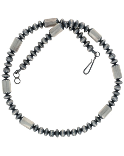 手作りスターリングシルバー フルーテッドラウンドビーズ、ソーサービーズ＆バレルビーズネックレス