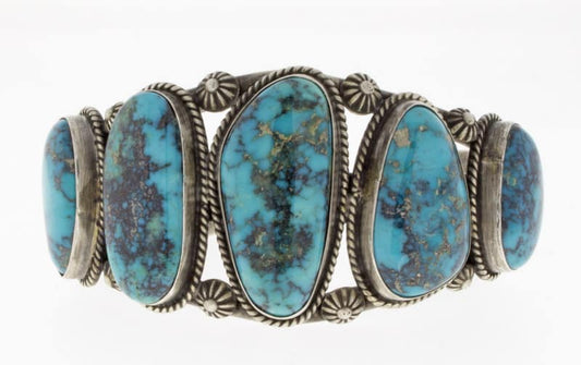 High Grade Natural Morenci Turquoise 5-Stone Row Bracelet
