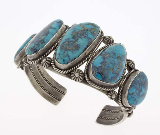 High Grade Natural Morenci Turquoise 5-Stone Row Bracelet