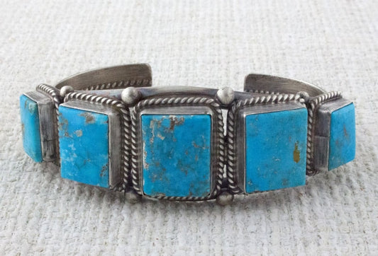 High Grade Natural Blue Gem Turquoise 5-Stone Row Bracelet