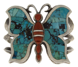 Tufa Cast Kingman Turquoise & Coral Inlay Butterfly Bracelet