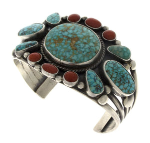 Natural Kingman Turquoise And Coral Cluster Bracelet