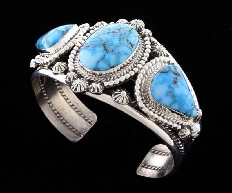 高品質の天然キングマンターコイズ 3 石列ブレスレット