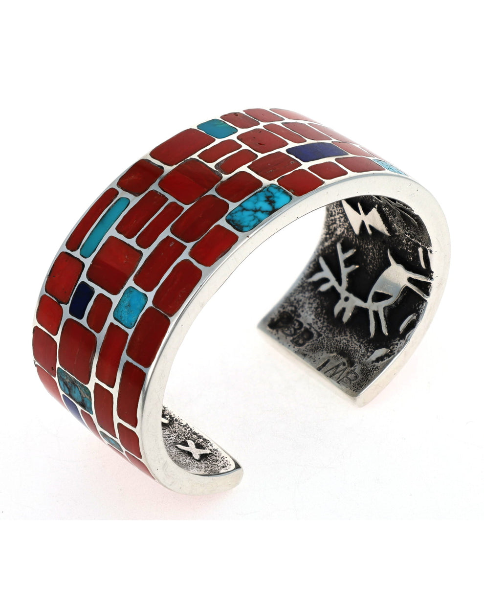 Color Inlay Tufa Cast Multi-Color Inlay Bracelet With Interior Petroglyph Figures ...