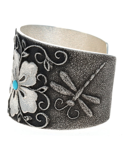 Flower & Dragonfly Bracelet With High Grade Natural Morenci Turquoise