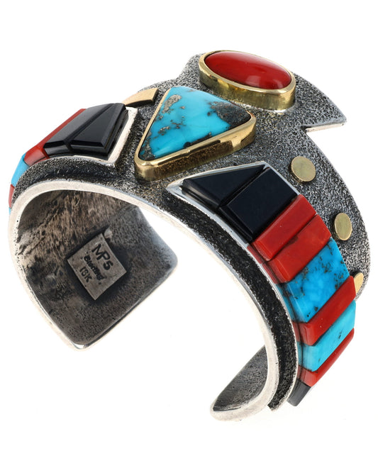 Natural Morenci Turquoise & Coral Bracelet With Multi-Color Cobblestone Inlay