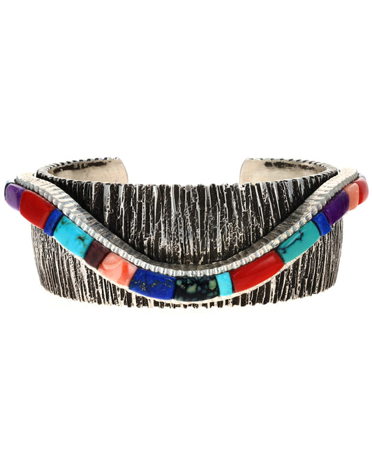 Double-Stacked Bracelet With Swirl Shaped Raised Cobblestone Inlay Design