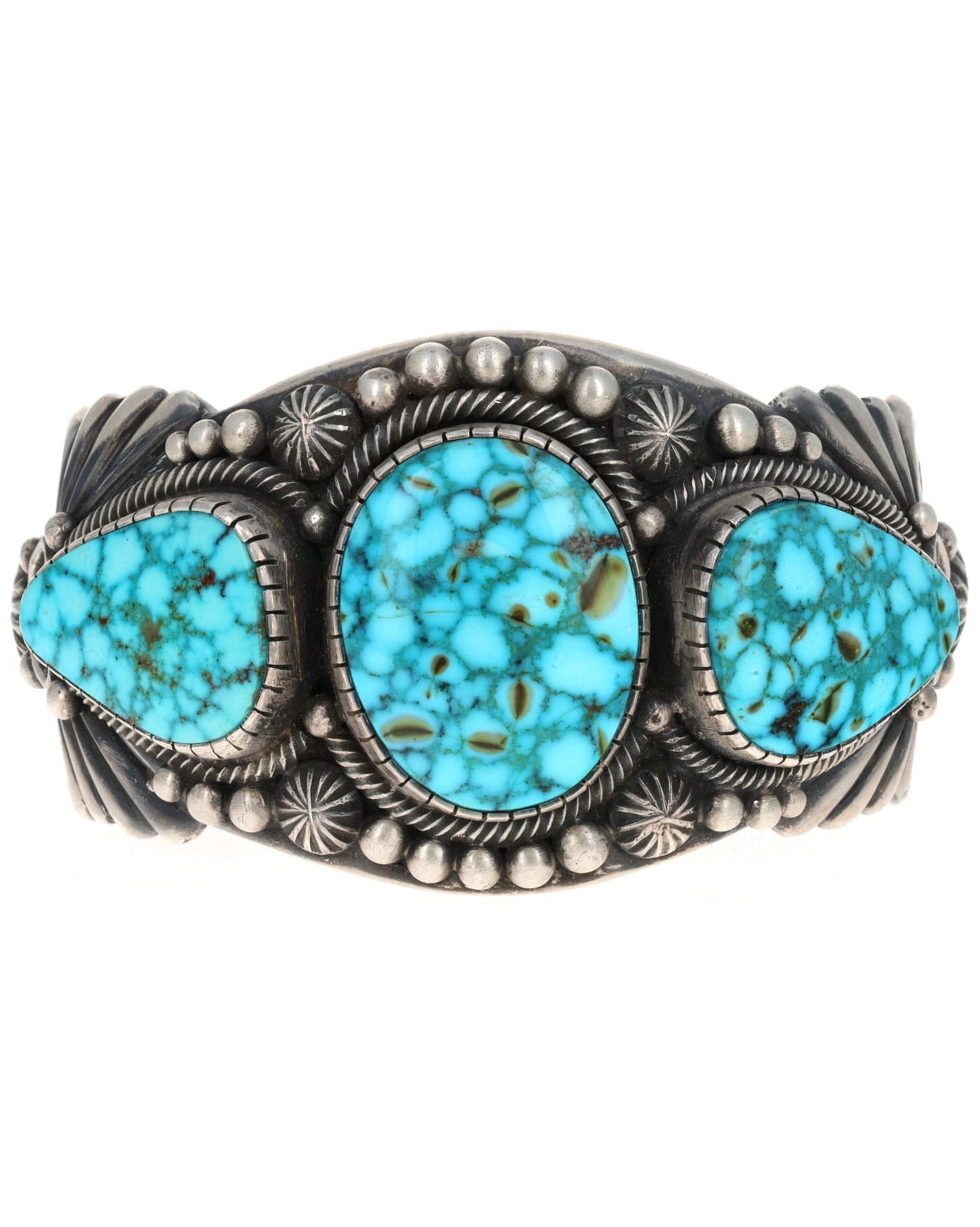 High Grade Natural Birdseye Kingman Turquoise 3-Stone Row Bracelet