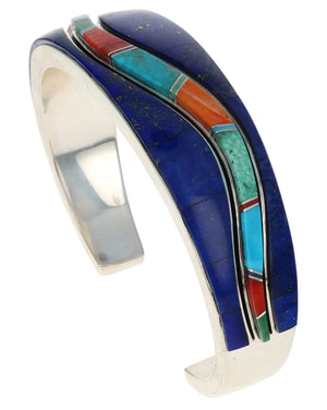 Natural Lapis Inlay Bracelet With Multi-Color Raised Wave Inlay Design