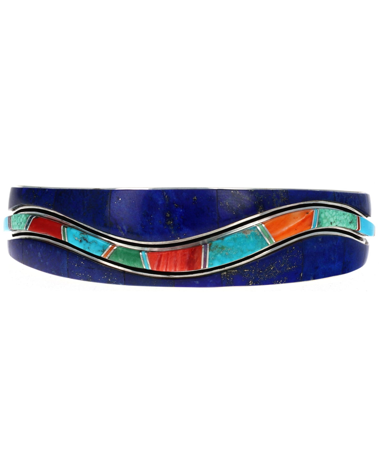 Natural Lapis Inlay Bracelet With Multi-Color Raised Wave Inlay Design