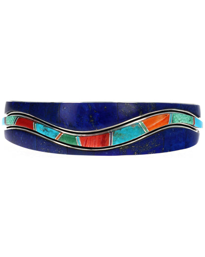 Natural Lapis Inlay Bracelet With Multi-Color Raised Wave Inlay Design