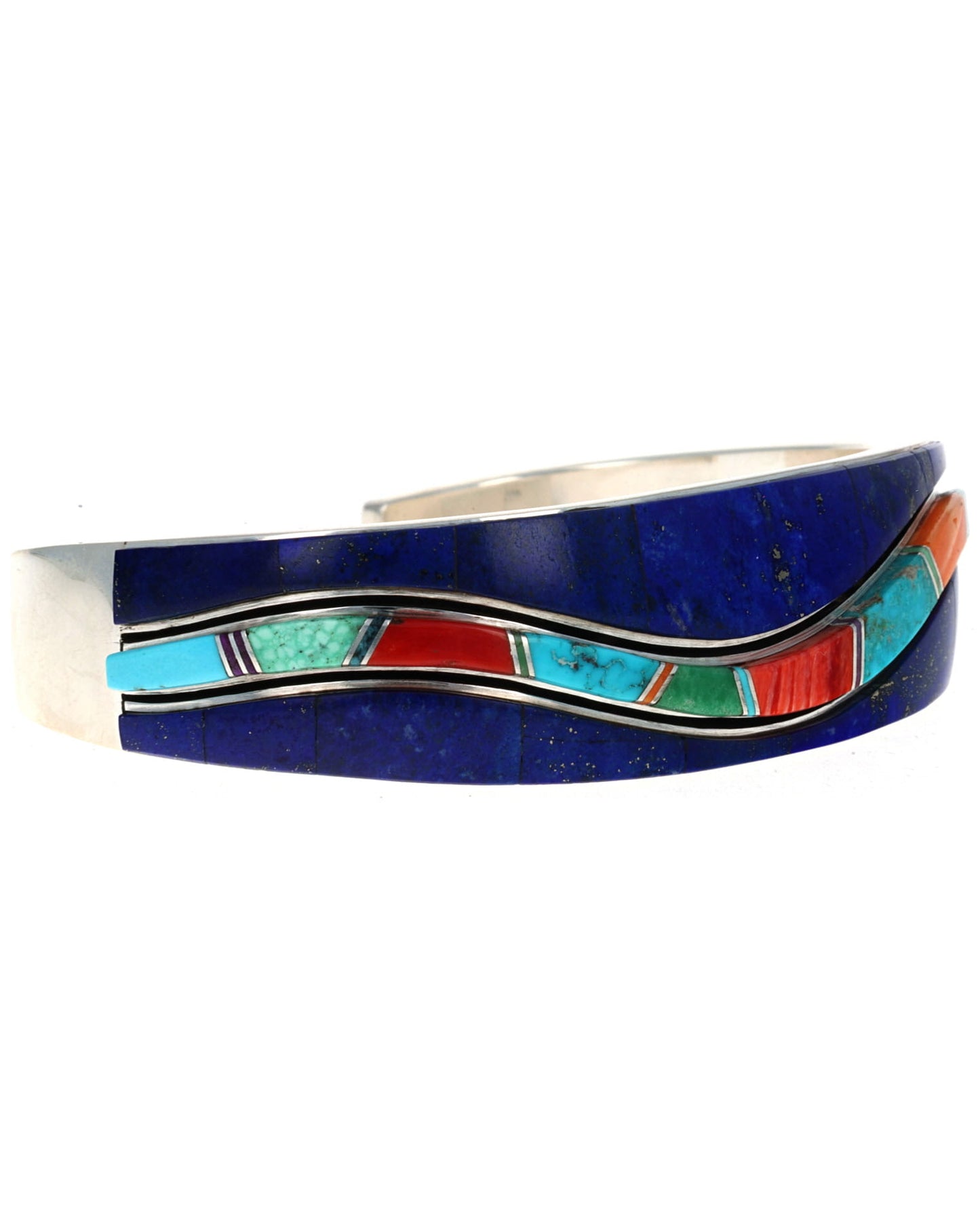 Natural Lapis Inlay Bracelet With Multi-Color Raised Wave Inlay Design