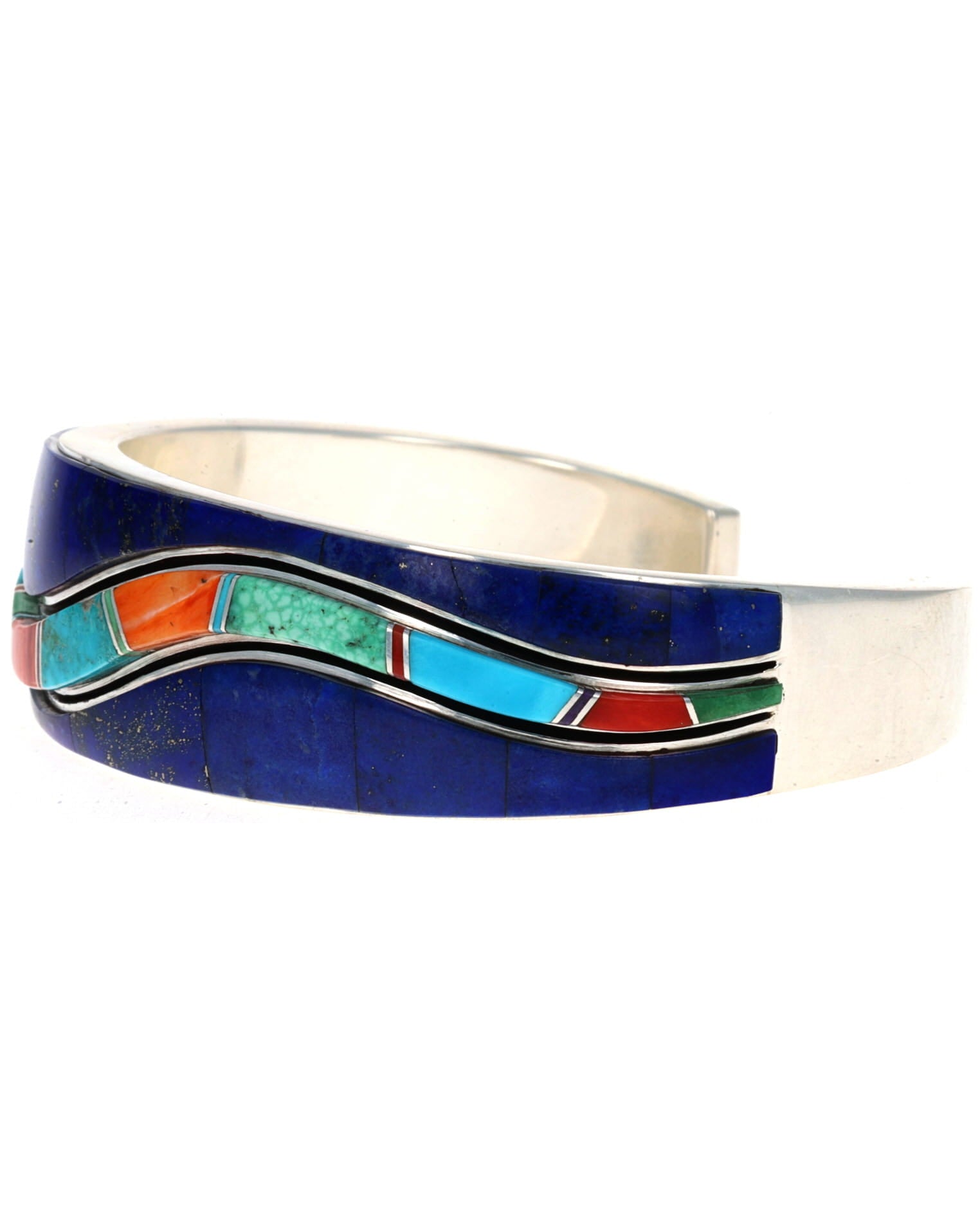 Natural Lapis Inlay Bracelet With Multi-Color Raised Wave Inlay Design