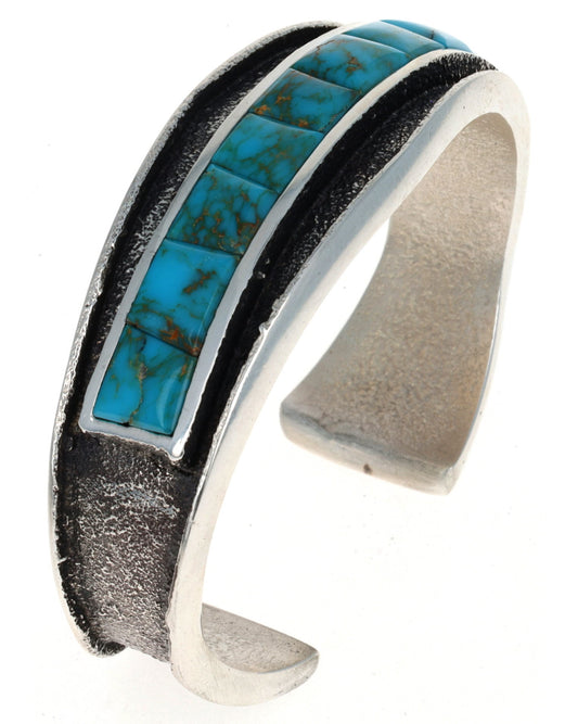 Natural Lone Mountain Turquoise Raised Cobblestone Inlay Bracelet