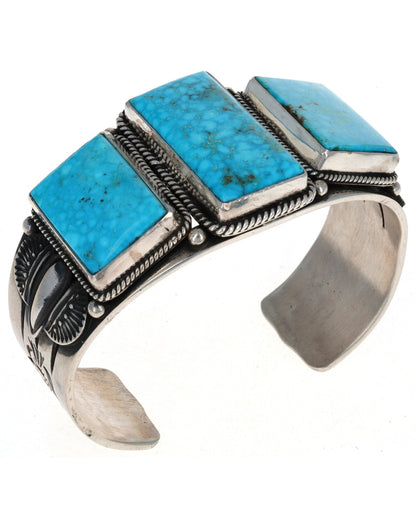 Natural Birdseye Kingman Turquoise 3-Stone Row Bracelet