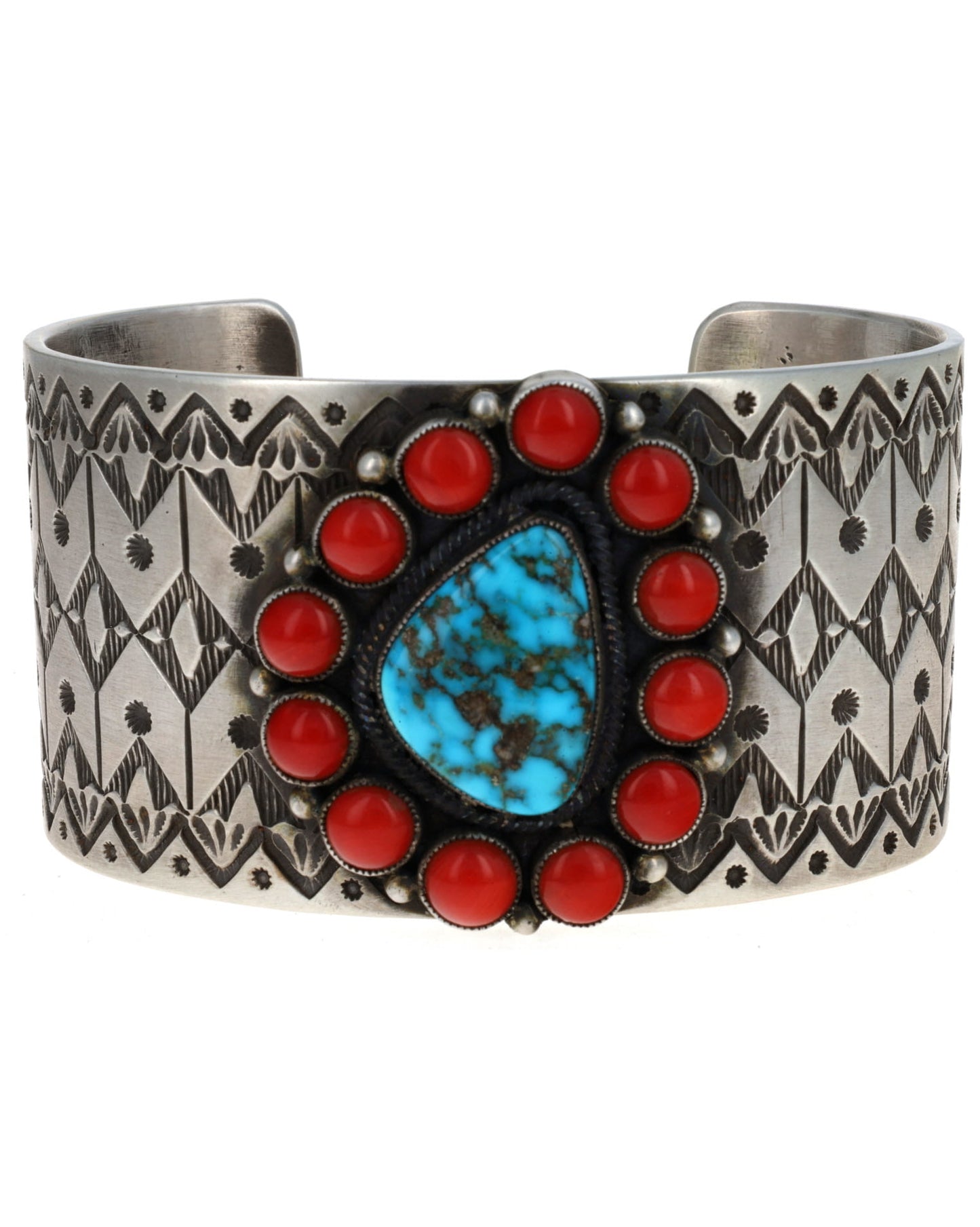Natural Timberline Turquoise With Coral Cluster Surround Bracelet