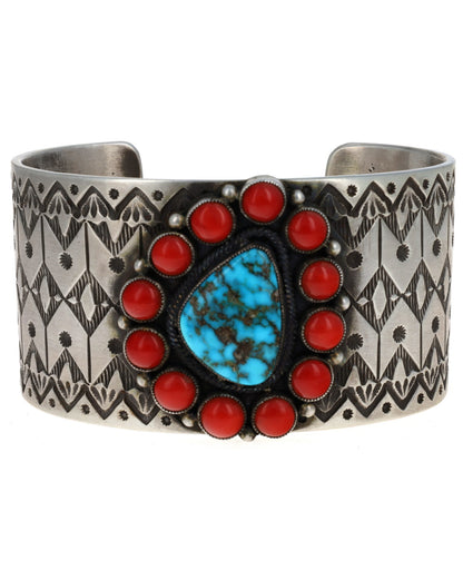 Natural Timberline Turquoise With Coral Cluster Surround Bracelet
