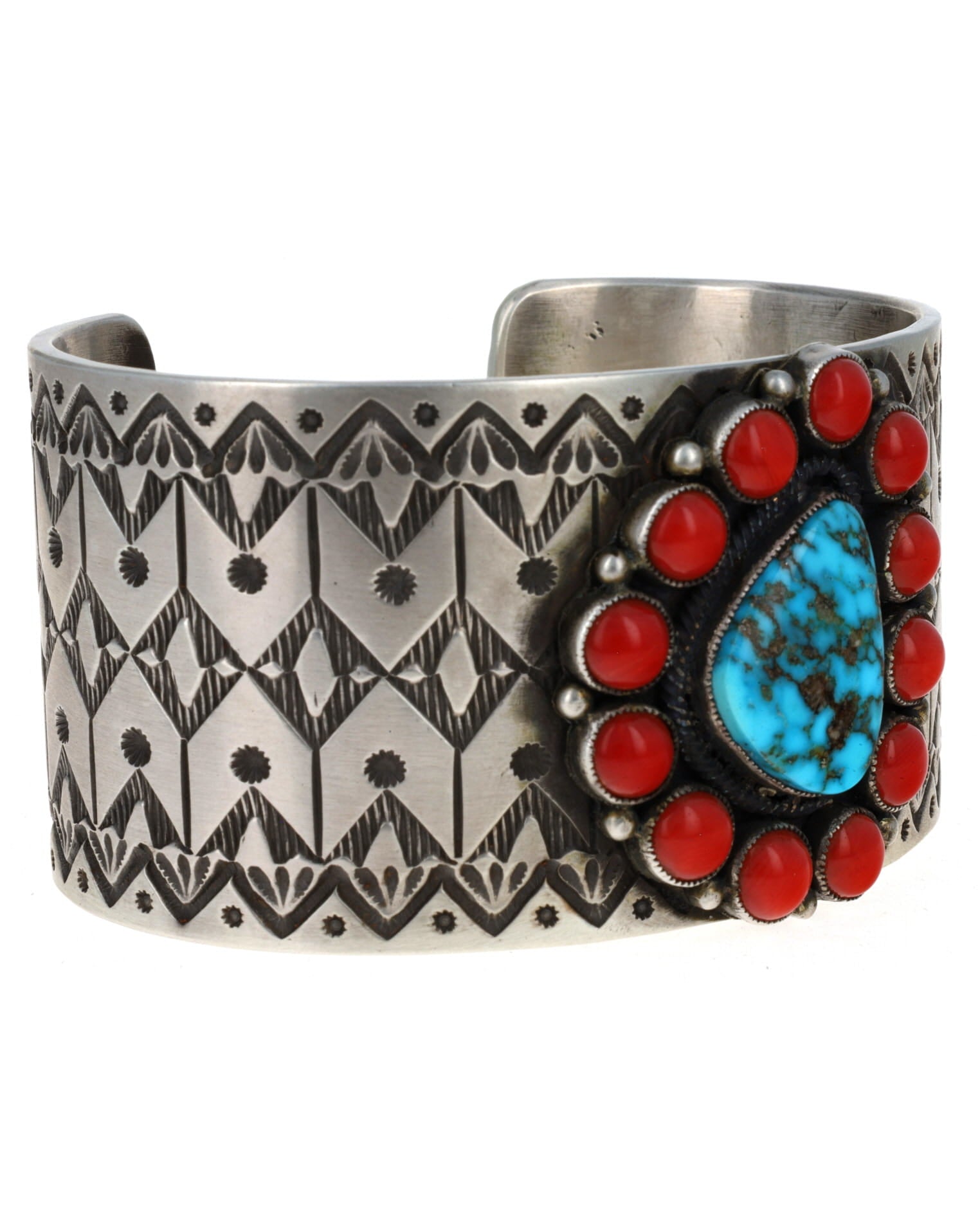 Natural Timberline Turquoise With Coral Cluster Surround Bracelet