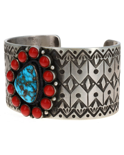 Natural Timberline Turquoise With Coral Cluster Surround Bracelet