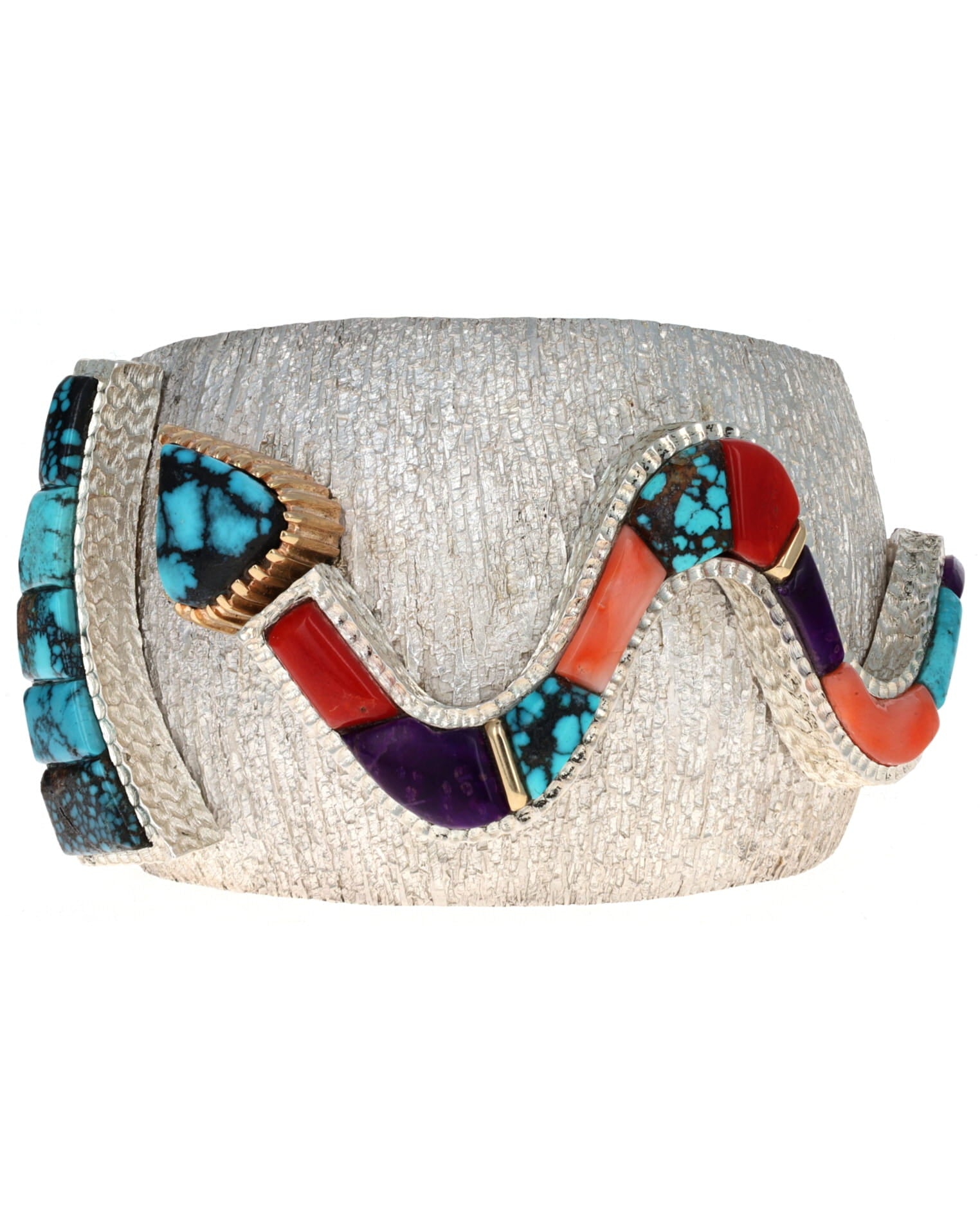 High Grade Indian Mountain Turquoise Inlay Bracelet With A Multi-Color Inlay Snake Figure