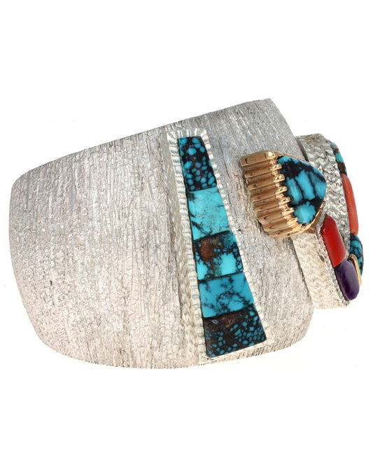 High Grade Indian Mountain Turquoise Inlay Bracelet With A Multi-Color Inlay Snake Figure