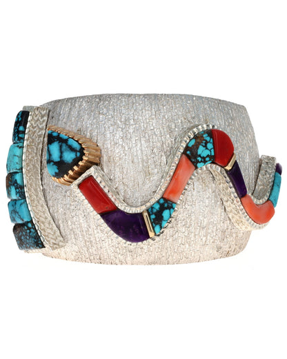 High Grade Indian Mountain Turquoise Inlay Bracelet With A Multi-Color Inlay Snake Figure