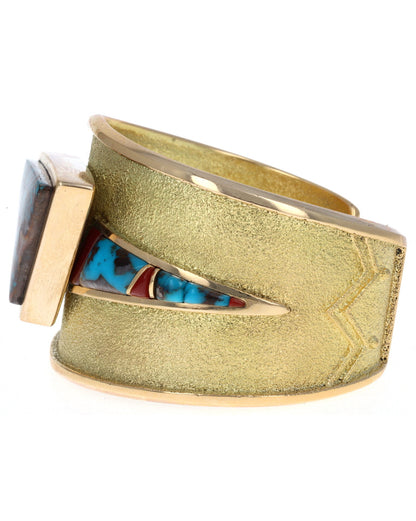 18K Gold High Grade Natural Bisbee Turquoise & Aka Coral Bracelet