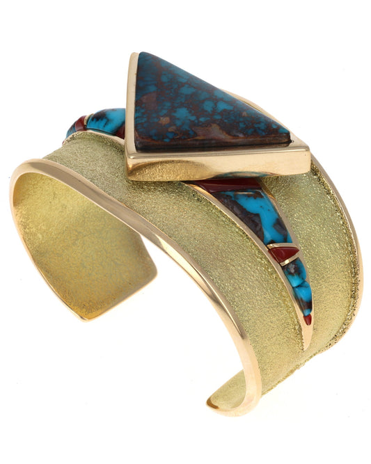 18K Gold High Grade Natural Bisbee Turquoise & Aka Coral Bracelet