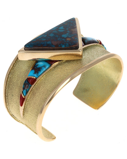 18K Gold High Grade Natural Bisbee Turquoise & Aka Coral Bracelet