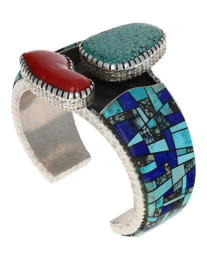 High Grade Natural Kingman Turquoise & Coral Bracelet With Inlay Design