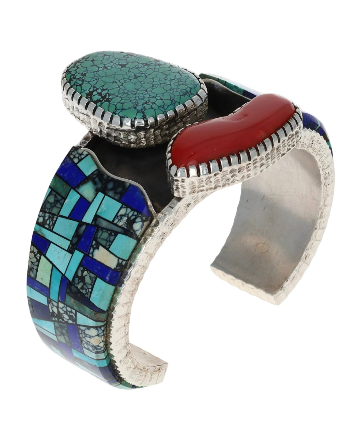 High Grade Natural Kingman Turquoise & Coral Bracelet With Inlay Design