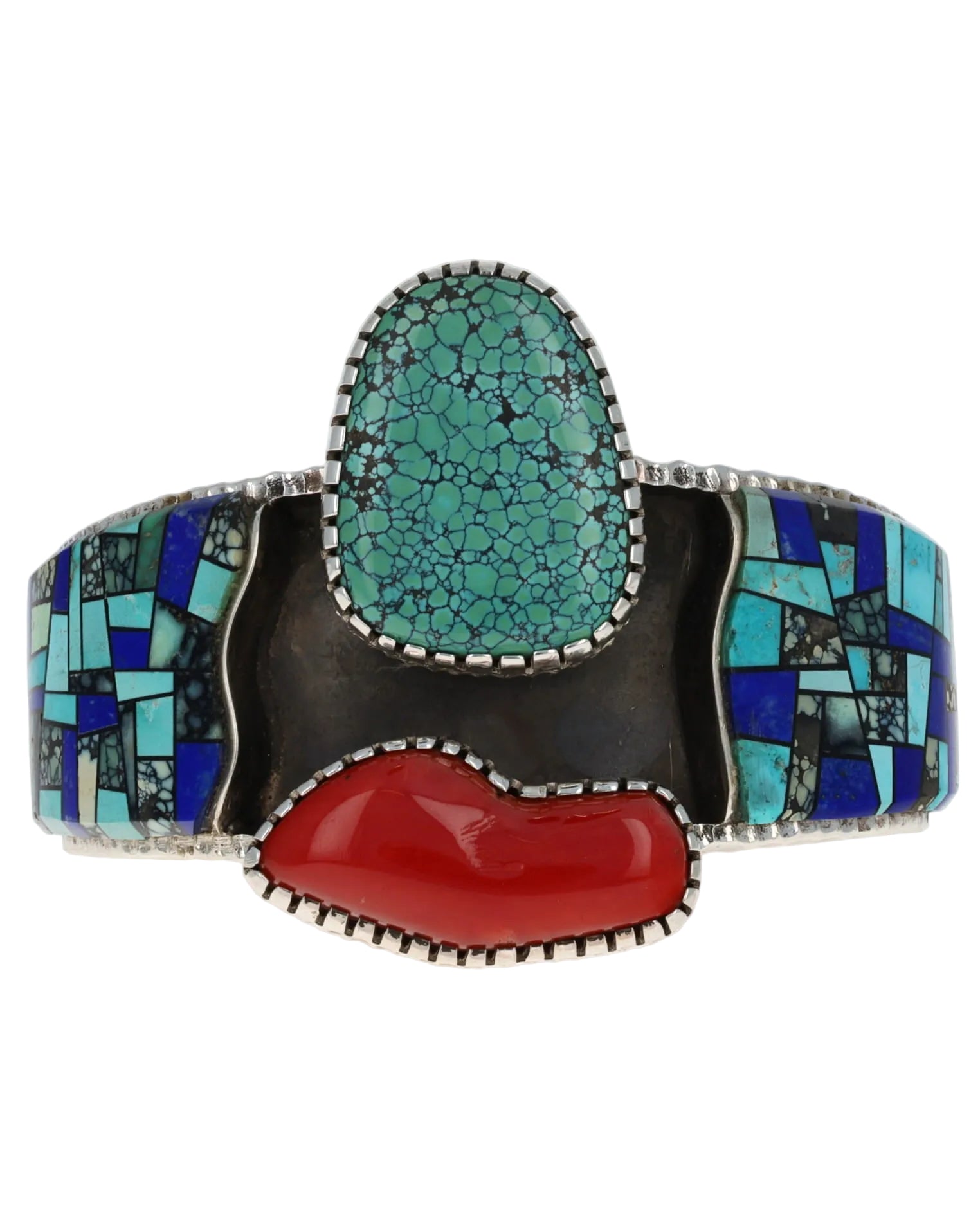 High Grade Natural Kingman Turquoise & Coral Bracelet With Inlay Design