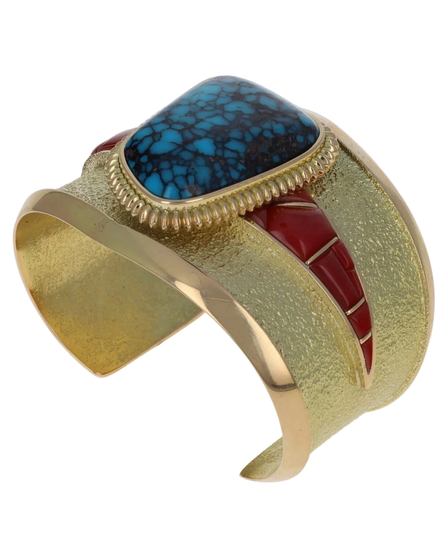 High Grade Natural Godber-Burnham Turquoise & Aka Coral Inlay 18K Gold Bracelet