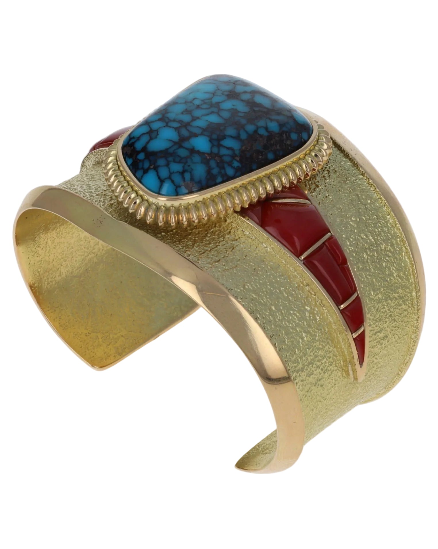 High Grade Natural Godber-Burnham Turquoise & Aka Coral Inlay 18K Gold Bracelet
