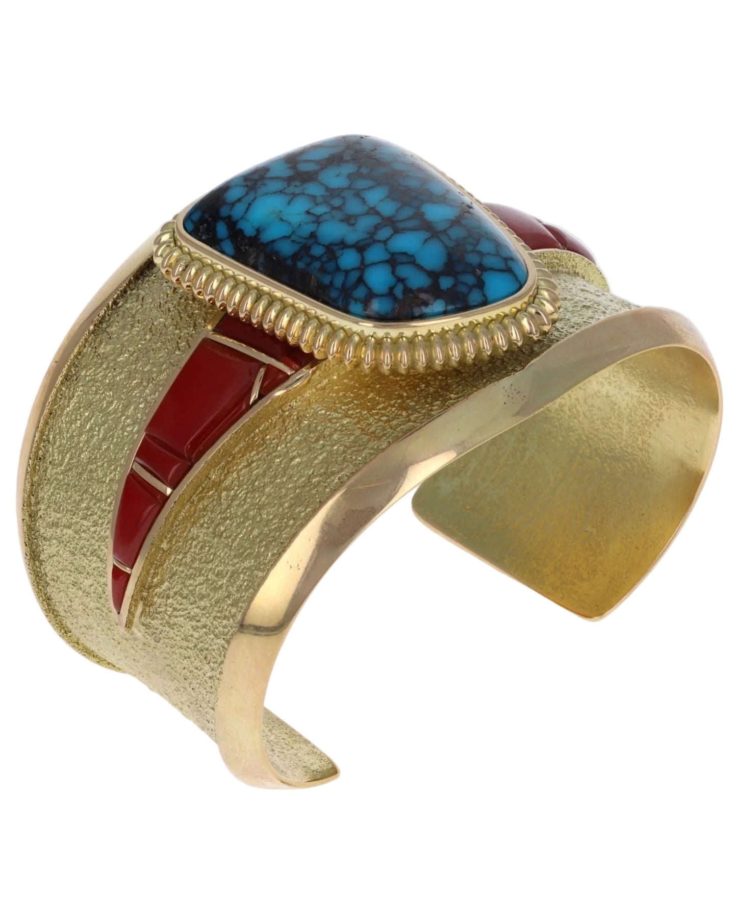 High Grade Natural Godber-Burnham Turquoise & Aka Coral Inlay 18K Gold Bracelet