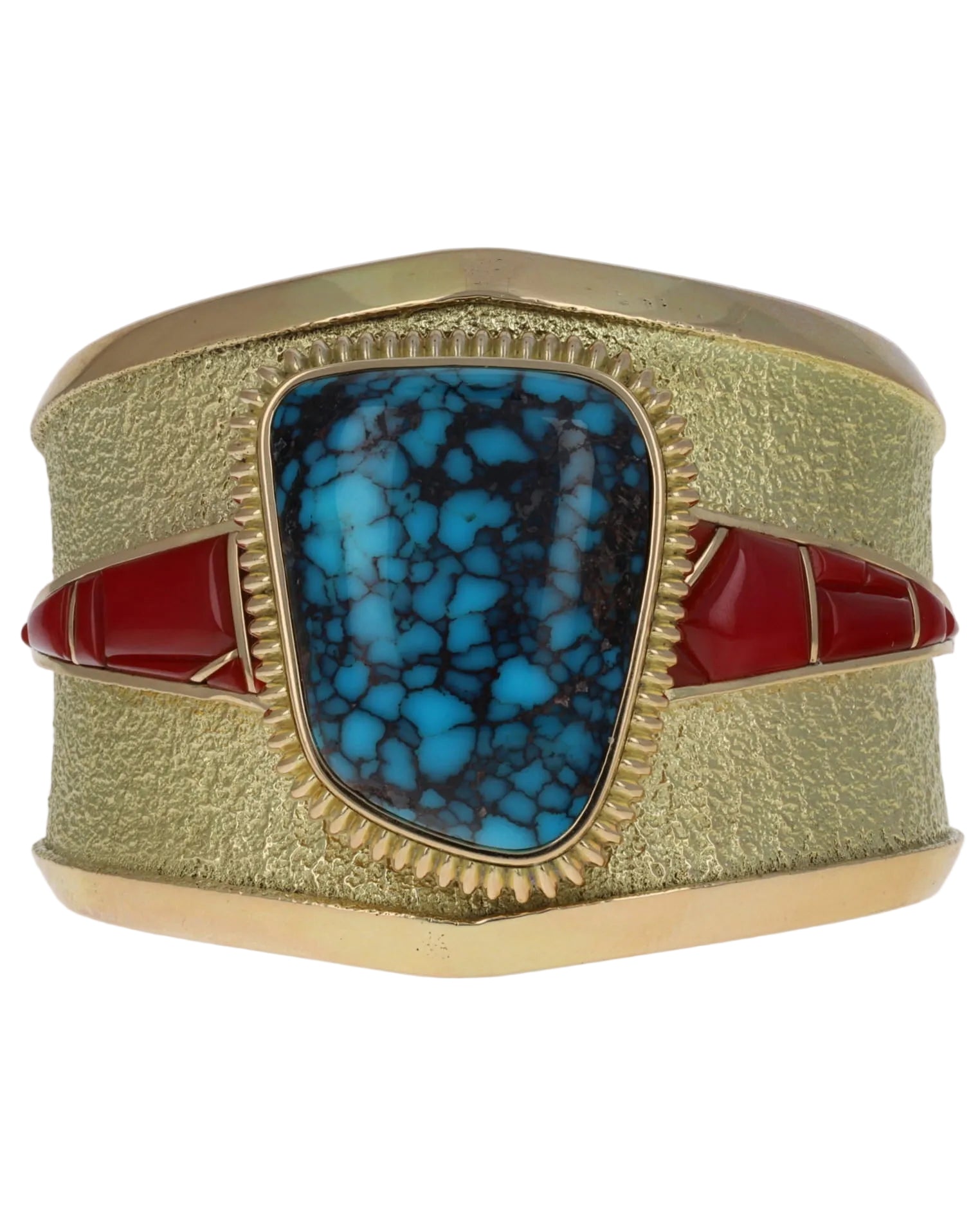 High Grade Natural Godber-Burnham Turquoise & Aka Coral Inlay 18K Gold Bracelet