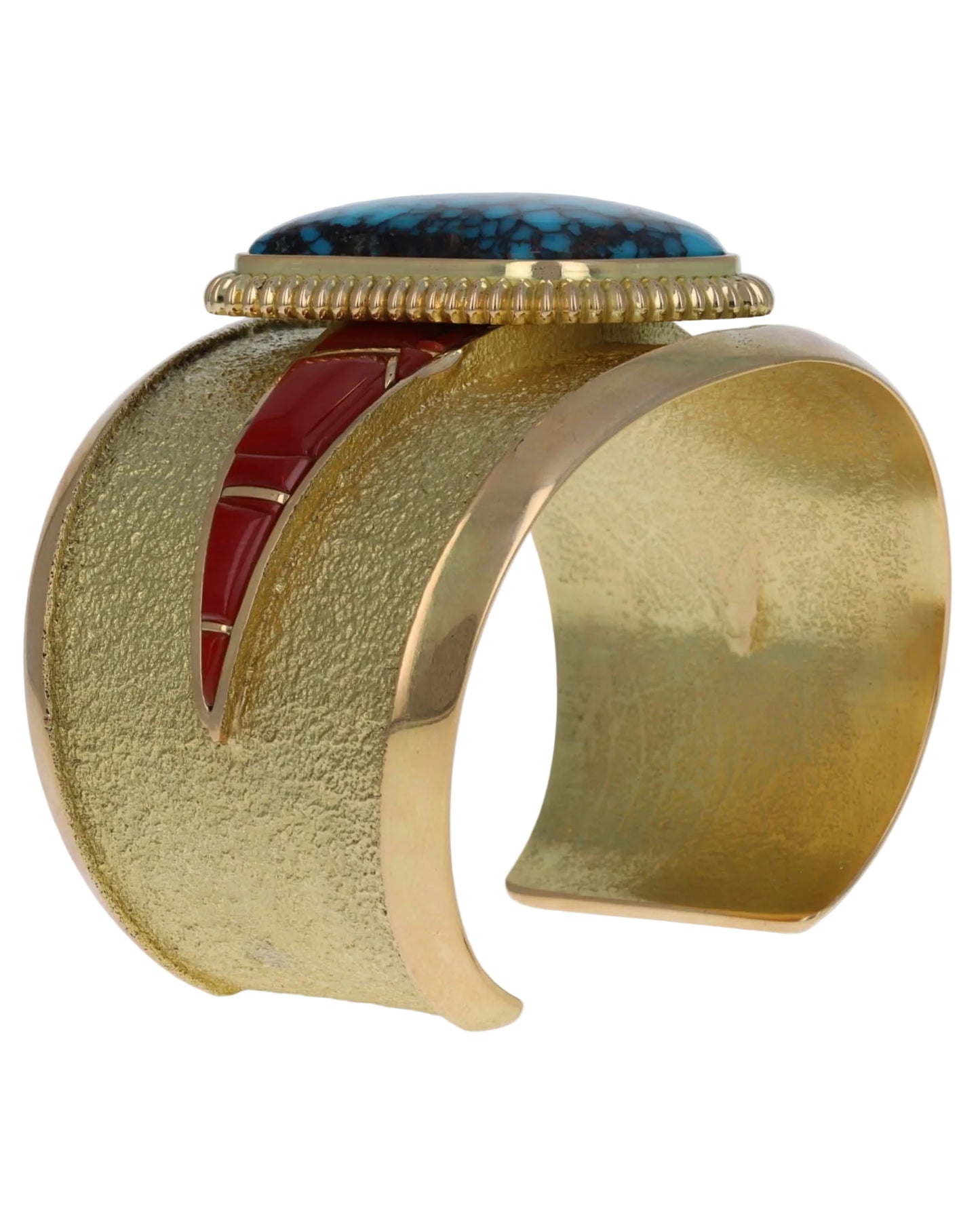 High Grade Natural Godber-Burnham Turquoise & Aka Coral Inlay 18K Gold Bracelet