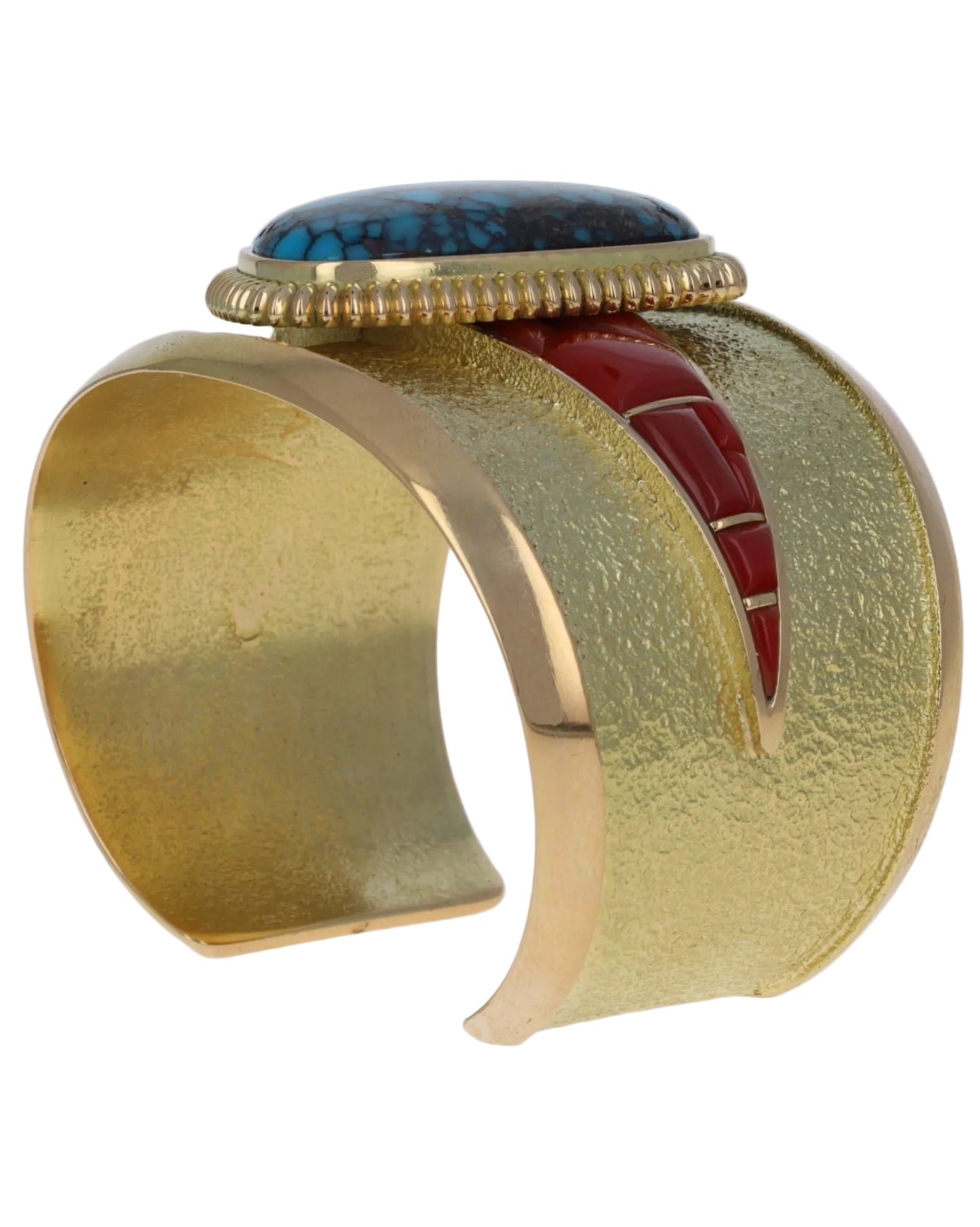 High Grade Natural Godber-Burnham Turquoise & Aka Coral Inlay 18K Gold Bracelet