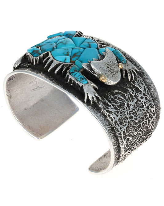 High Grade Natural Lone Mountain Turquoise Inlay Horny Toad Bracelet With 18K Gold Eyes
