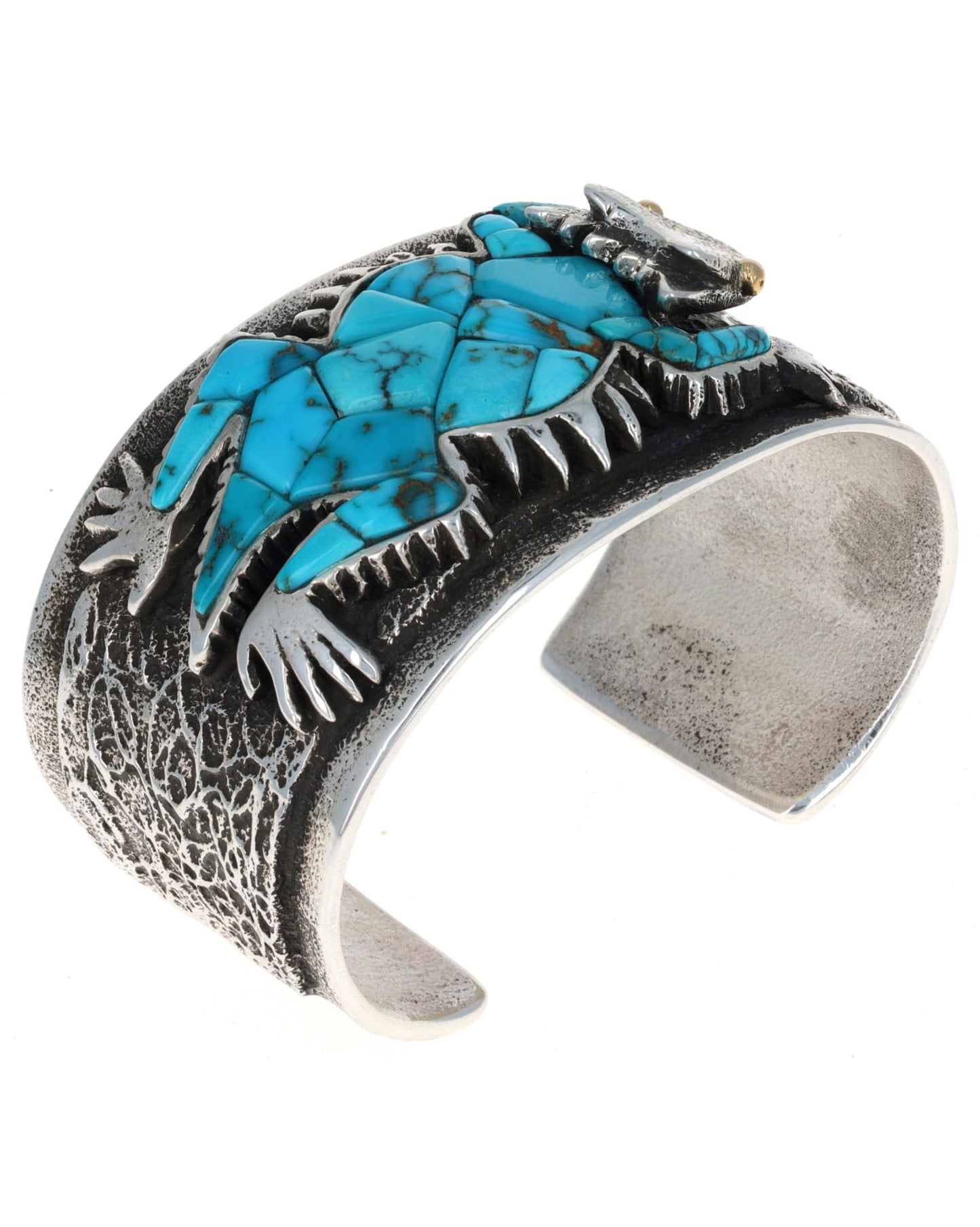 High Grade Natural Lone Mountain Turquoise Inlay Horny Toad Bracelet With 18K Gold Eyes