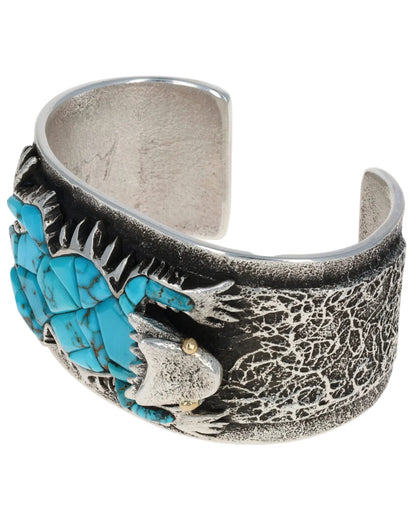 High Grade Natural Lone Mountain Turquoise Inlay Horny Toad Bracelet With 18K Gold Eyes