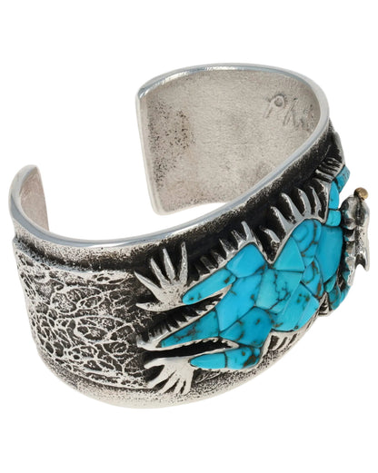 High Grade Natural Lone Mountain Turquoise Inlay Horny Toad Bracelet With 18K Gold Eyes