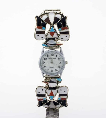 Navajo Sterling Turquoise/Coral Inlay Thunderbird Tips + Black Apache Watch Navajo Turquoise Coral Silver Thunderbird Chip Inlay Ladies  main image 3