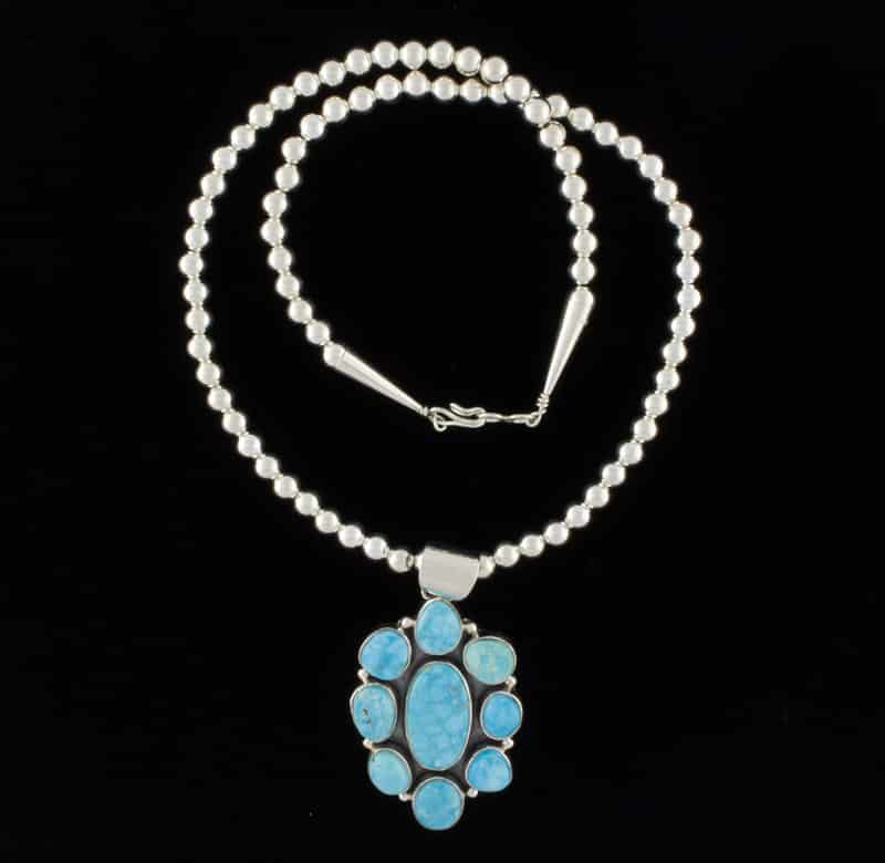 Navajo Sterling Silver Bead Necklace With Kingman Turquoise Cluster ...