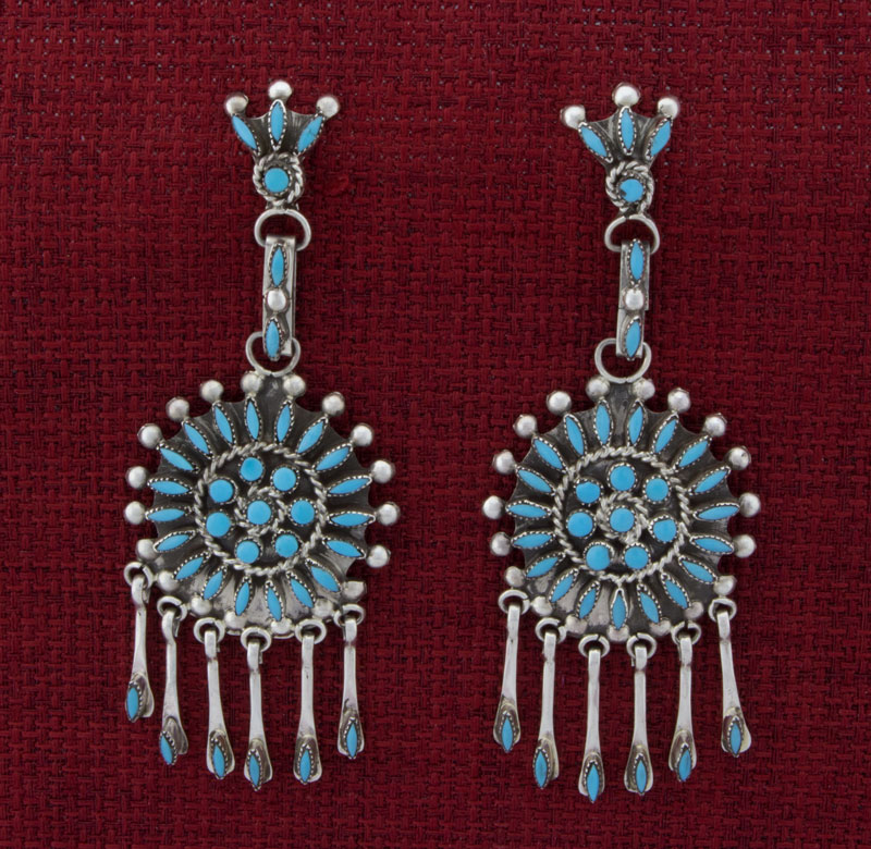 Vintage Zuni Native American Jewelry Turquoise Petit Point Handmade Earrings 